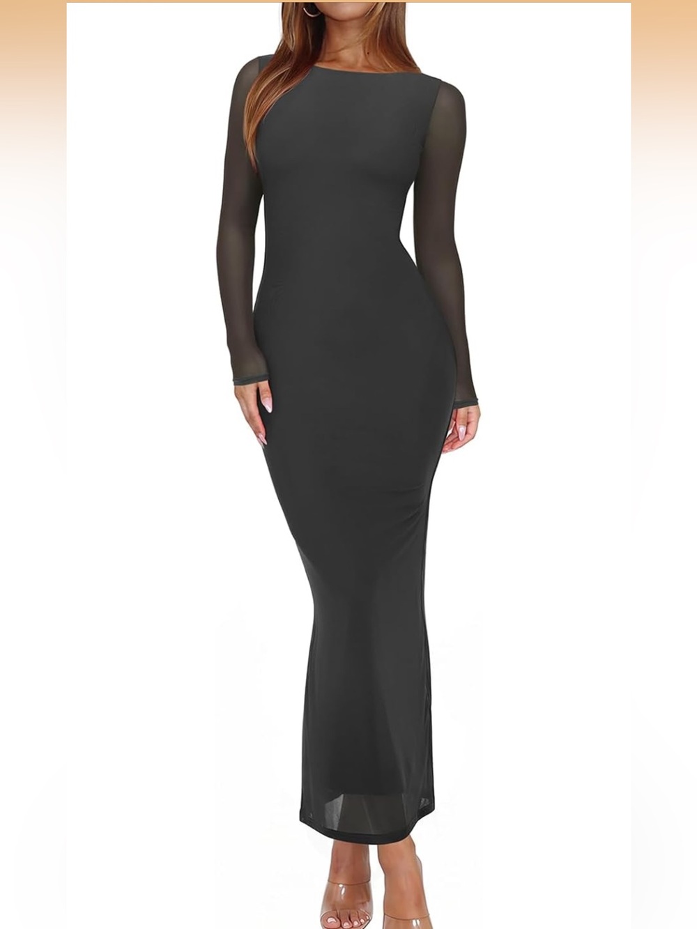 ReoRia Thyme Long Sleeve Sheer-Sleeve Maxi Gown